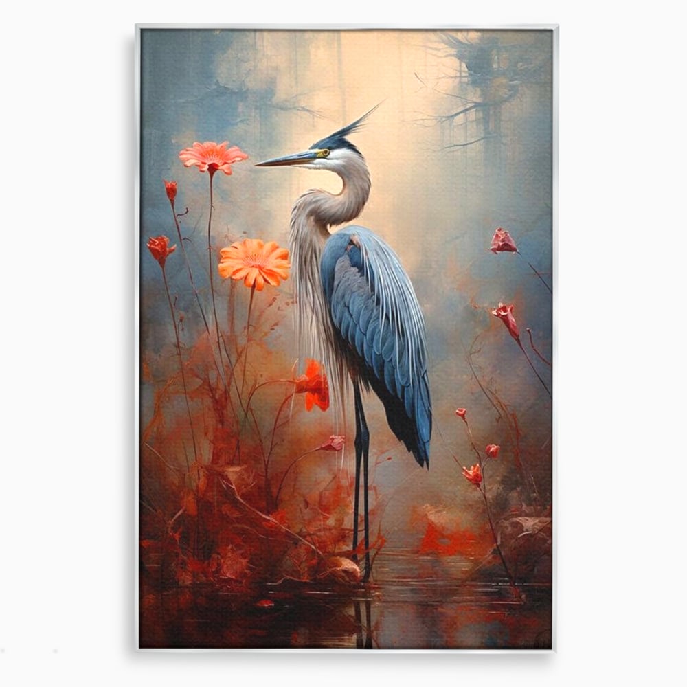 Tablou canvas cu tablou canvas cu pasare starc si flori, in rama de aluminiu argintiu