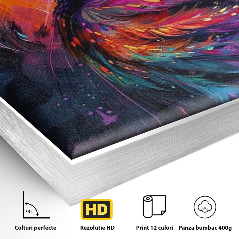 Detaliu al suprafetei: tablou canvas cu pasare fantastica, in rama de aluminiu argintiu