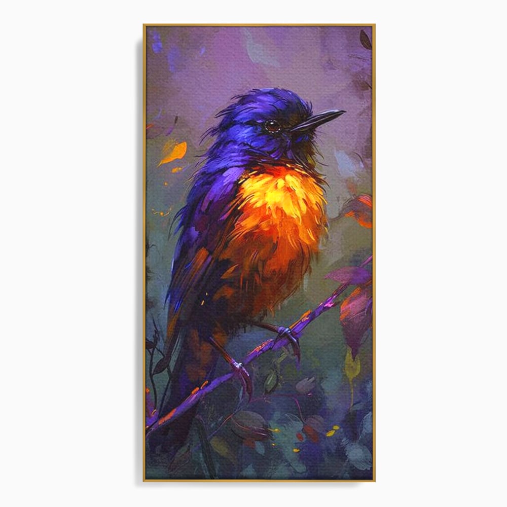 Tablou canvas cu tablou canvas cu pasare colorata pe ramura, in rama de aluminiu auriu