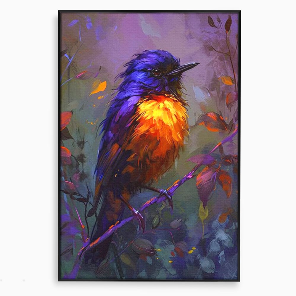 Tablou canvas cu tablou canvas cu pasare colorata pe ramura, in rama de aluminiu negru