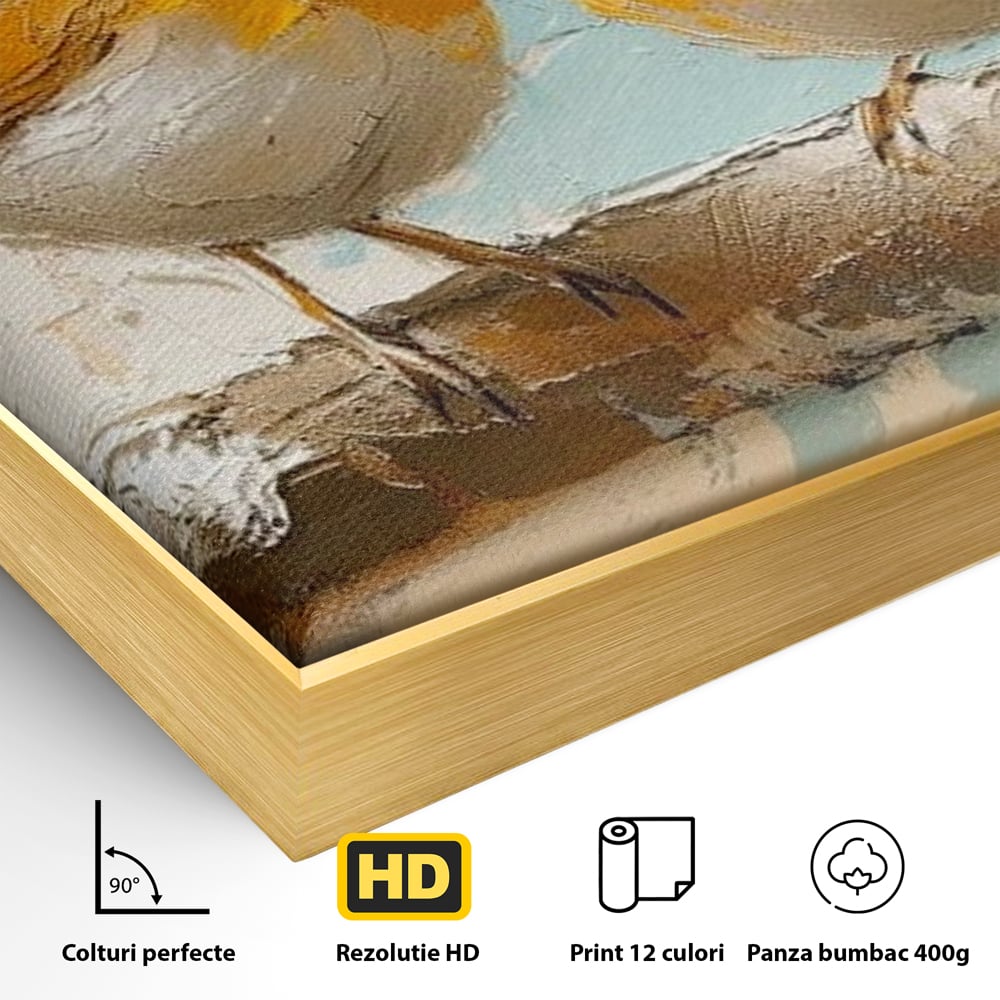 Detaliu al suprafetei: tablou canvas cu doua pasari pe creanga, in rama de aluminiu auriu