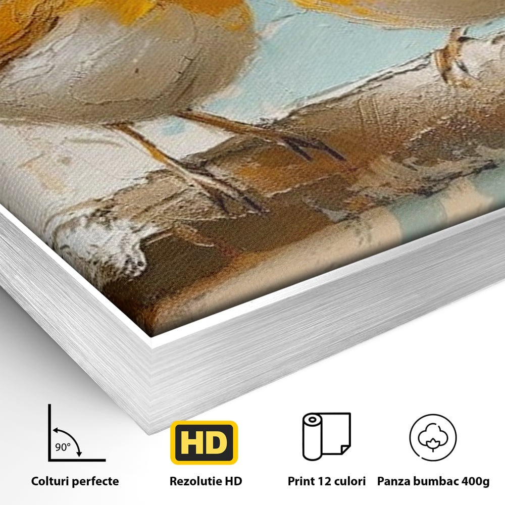 Detaliu al suprafetei: tablou canvas cu doua pasari pe creanga, in rama de aluminiu argintiu