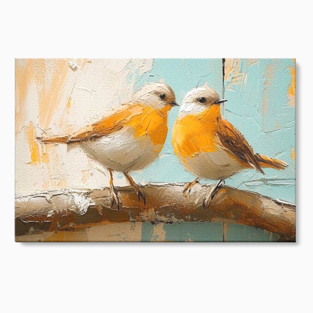 Tablou canvas cu tablou canvas cu doua pasari pe creanga, fara rama, pe sasiu de lemn