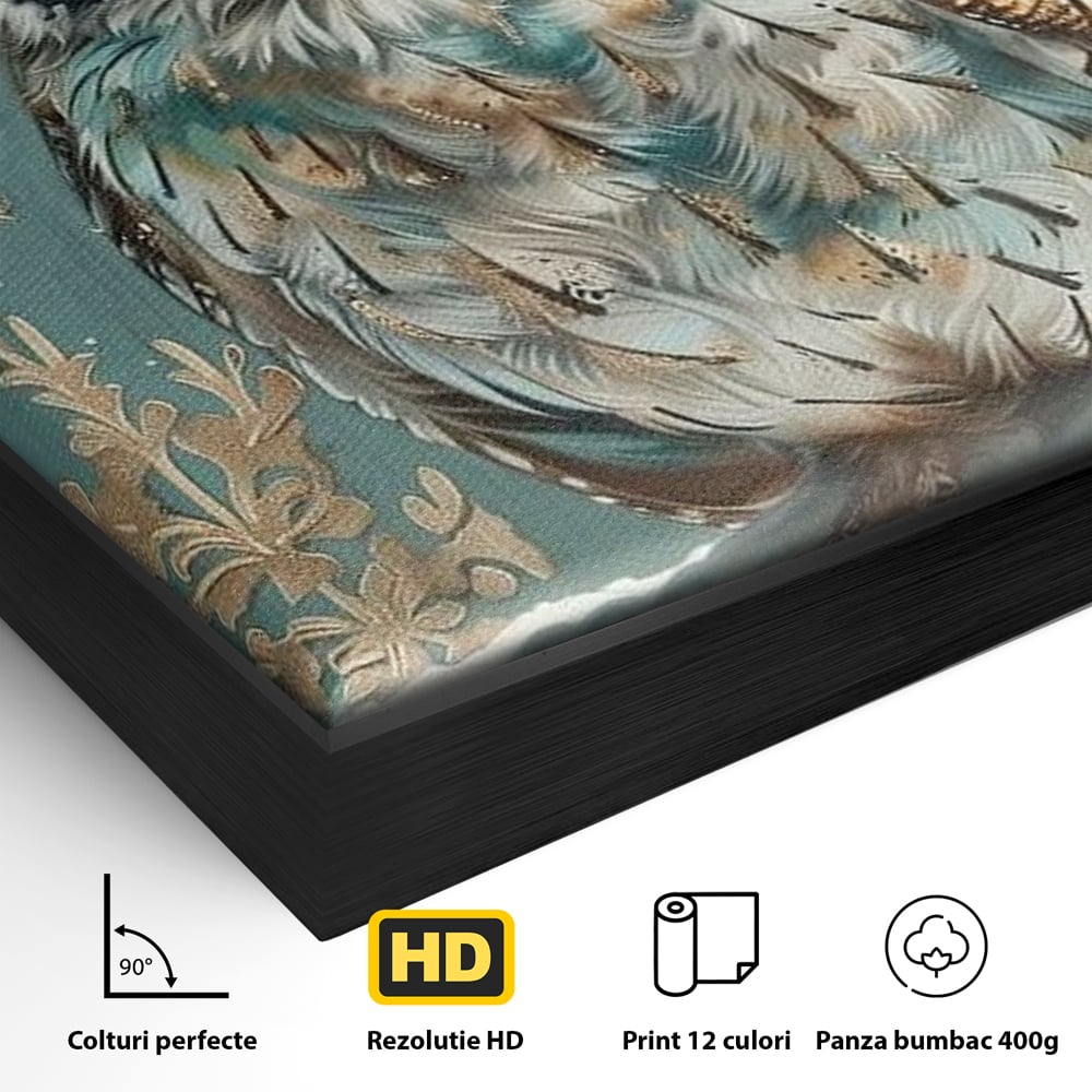 Detaliu al suprafetei: tablou canvas cu bufnita pe ramura inzapezita, in rama de aluminiu negru