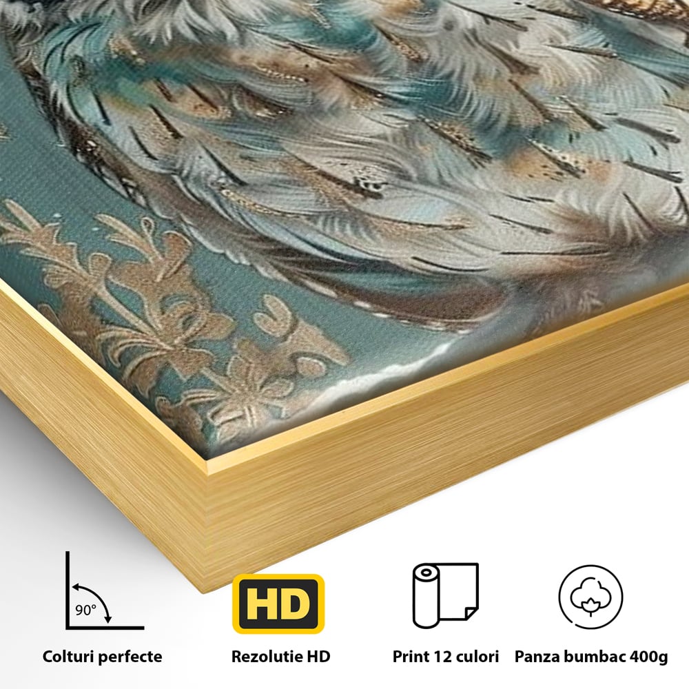 Detaliu al suprafetei: tablou canvas cu bufnita pe ramura inzapezita, in rama de aluminiu auriu