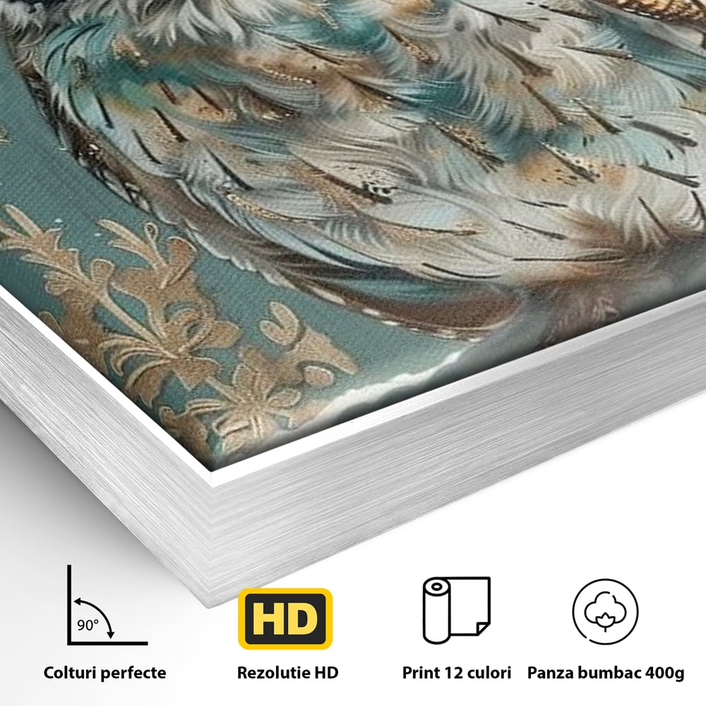 Detaliu al suprafetei: tablou canvas cu bufnita pe ramura inzapezita, in rama de aluminiu argintiu