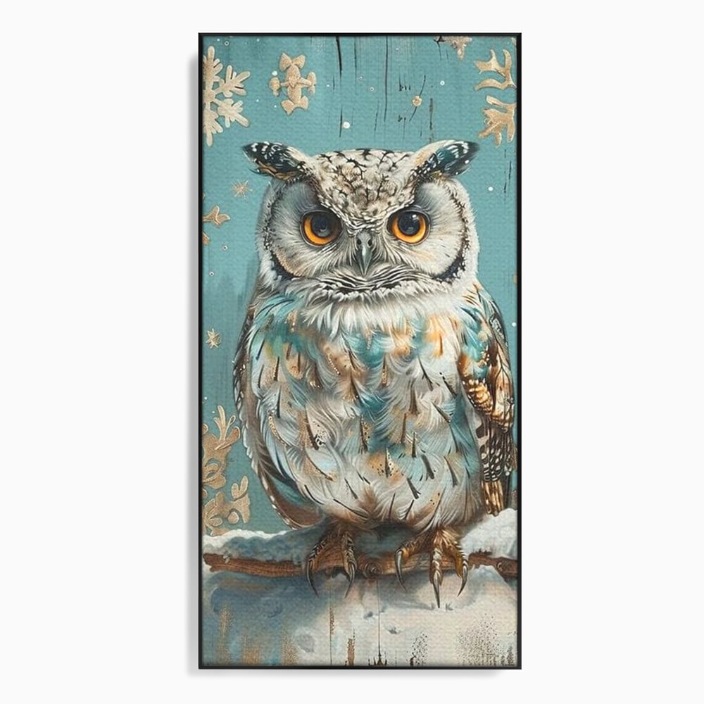 Tablou canvas cu tablou canvas cu bufnita pe ramura inzapezita, in rama de aluminiu negru