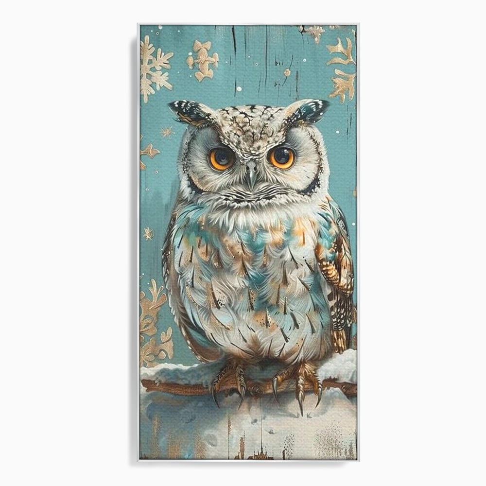 Tablou canvas cu tablou canvas cu bufnita pe ramura inzapezita, in rama de aluminiu argintiu