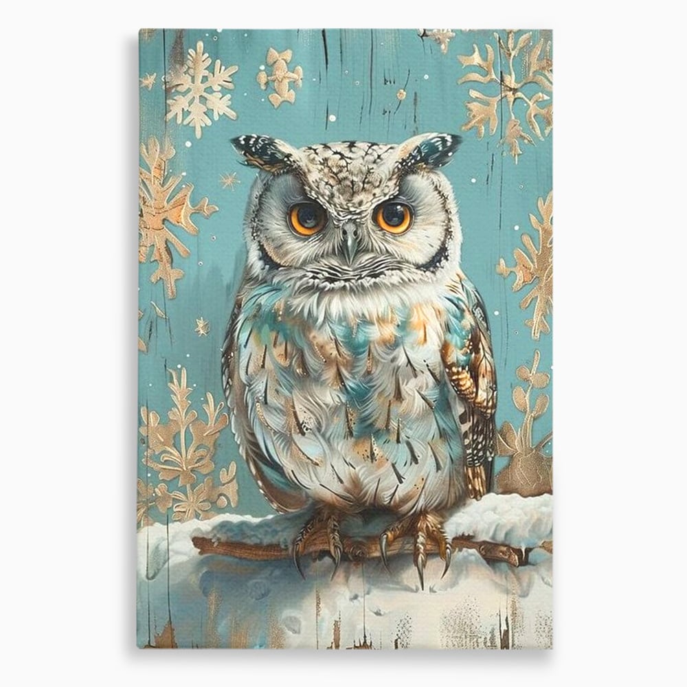 Tablou canvas cu tablou canvas cu bufnita pe ramura inzapezita, fara rama, pe sasiu de lemn