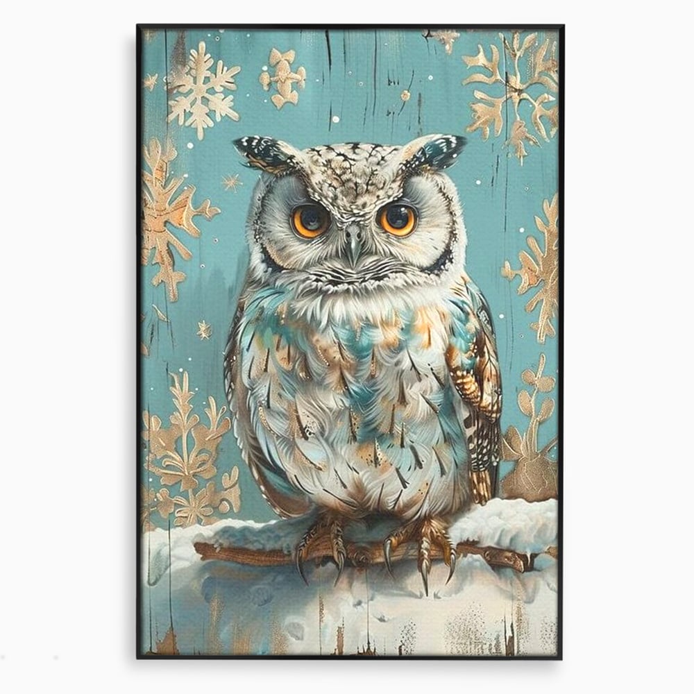 Tablou canvas cu tablou canvas cu bufnita pe ramura inzapezita, in rama de aluminiu negru