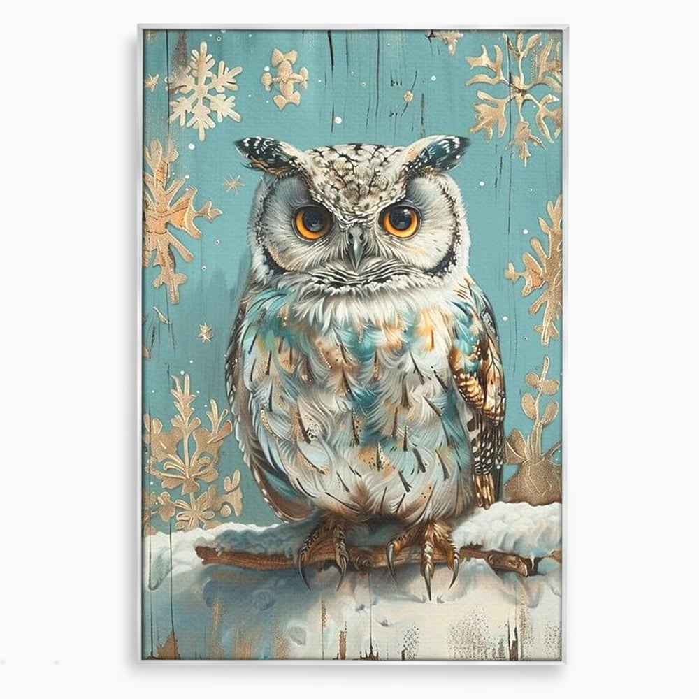 Tablou canvas cu tablou canvas cu bufnita pe ramura inzapezita, in rama de aluminiu argintiu
