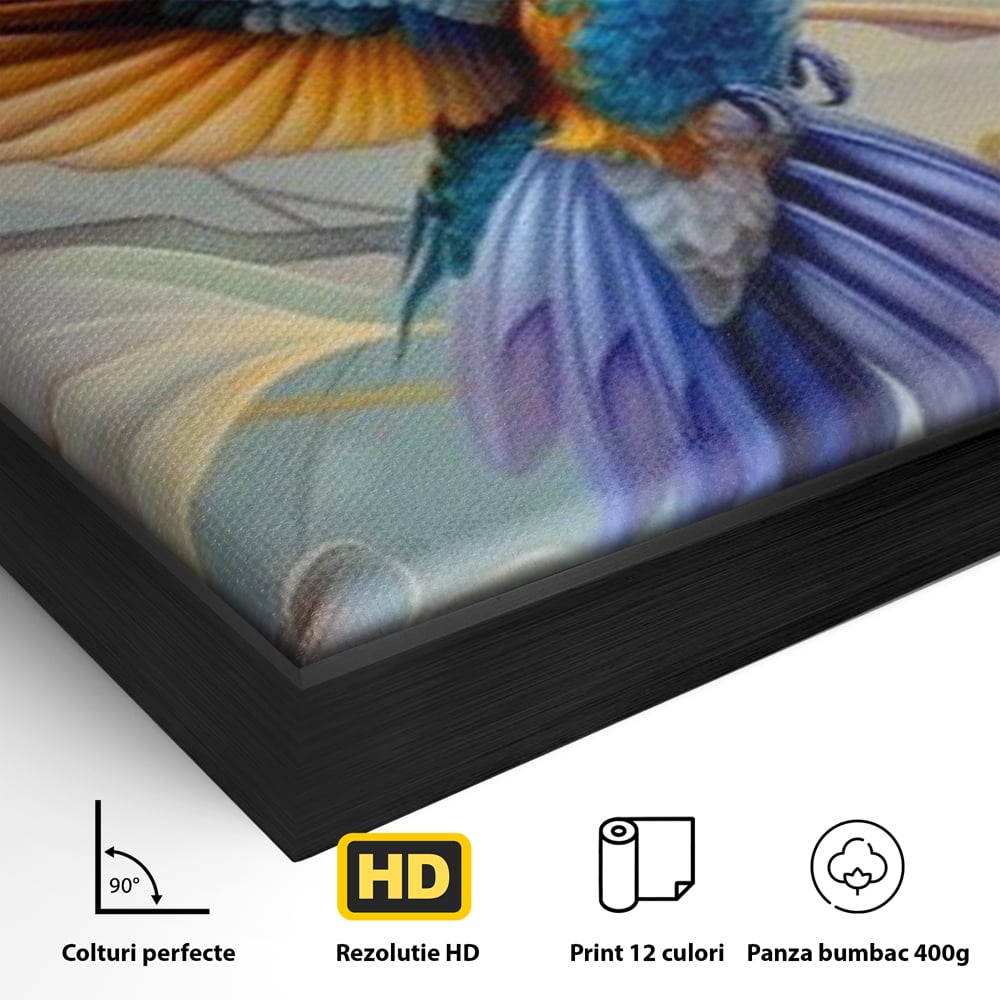 Detaliu al suprafetei: tablou canvas cu pasare colibri in zbor, in rama de aluminiu negru