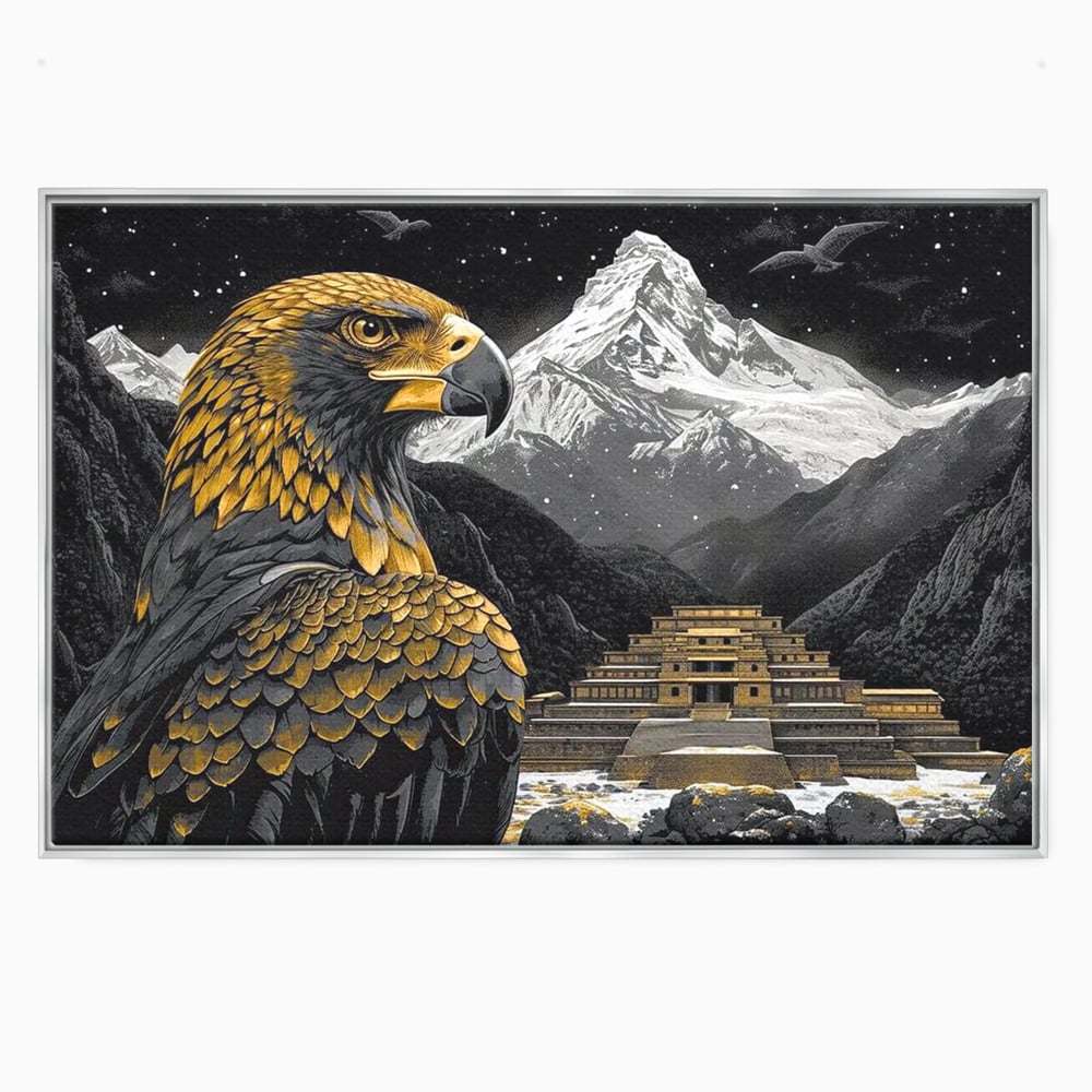Tablou canvas cu tablou canvas cu vultur si templu aztec, in rama de aluminiu argintiu