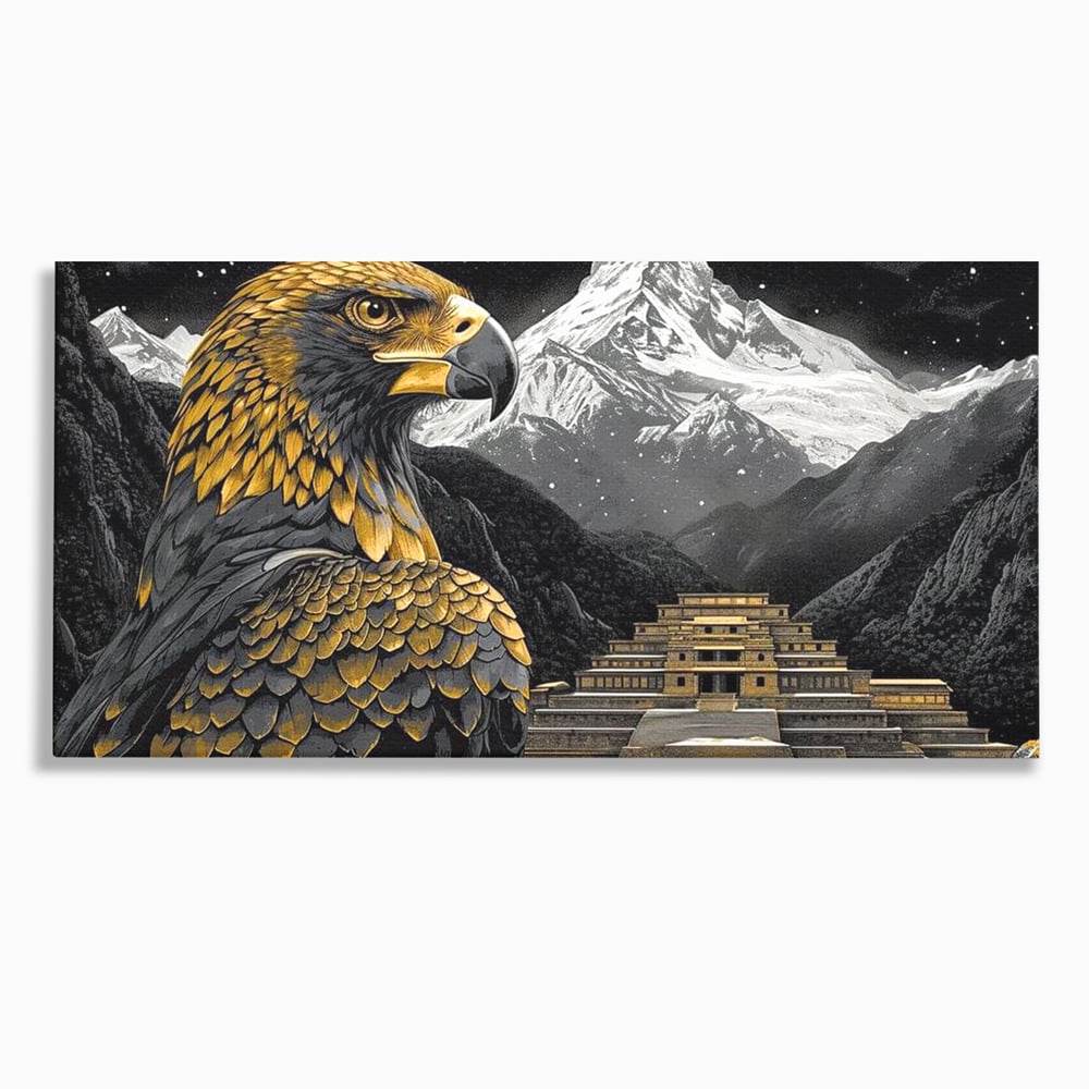 Tablou canvas cu tablou canvas cu vultur si templu aztec, fara rama, pe sasiu de lemn