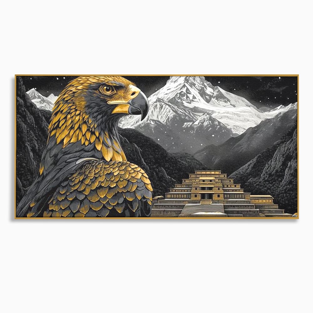 Tablou canvas cu tablou canvas cu vultur si templu aztec, in rama de aluminiu auriu