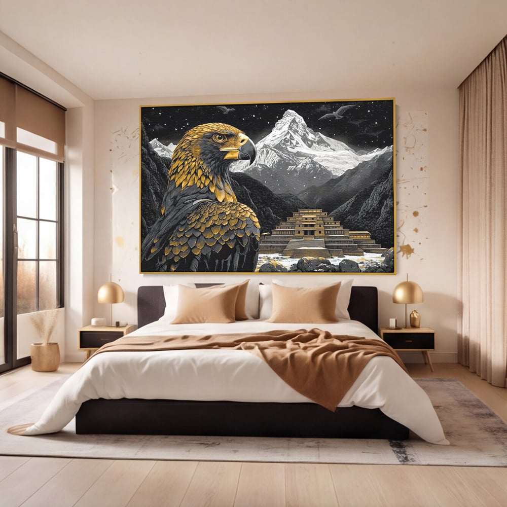 Tablou canvas cu tablou canvas cu vultur si templu aztec, in rama de aluminiu auriu, pe perete intr-un dormitor