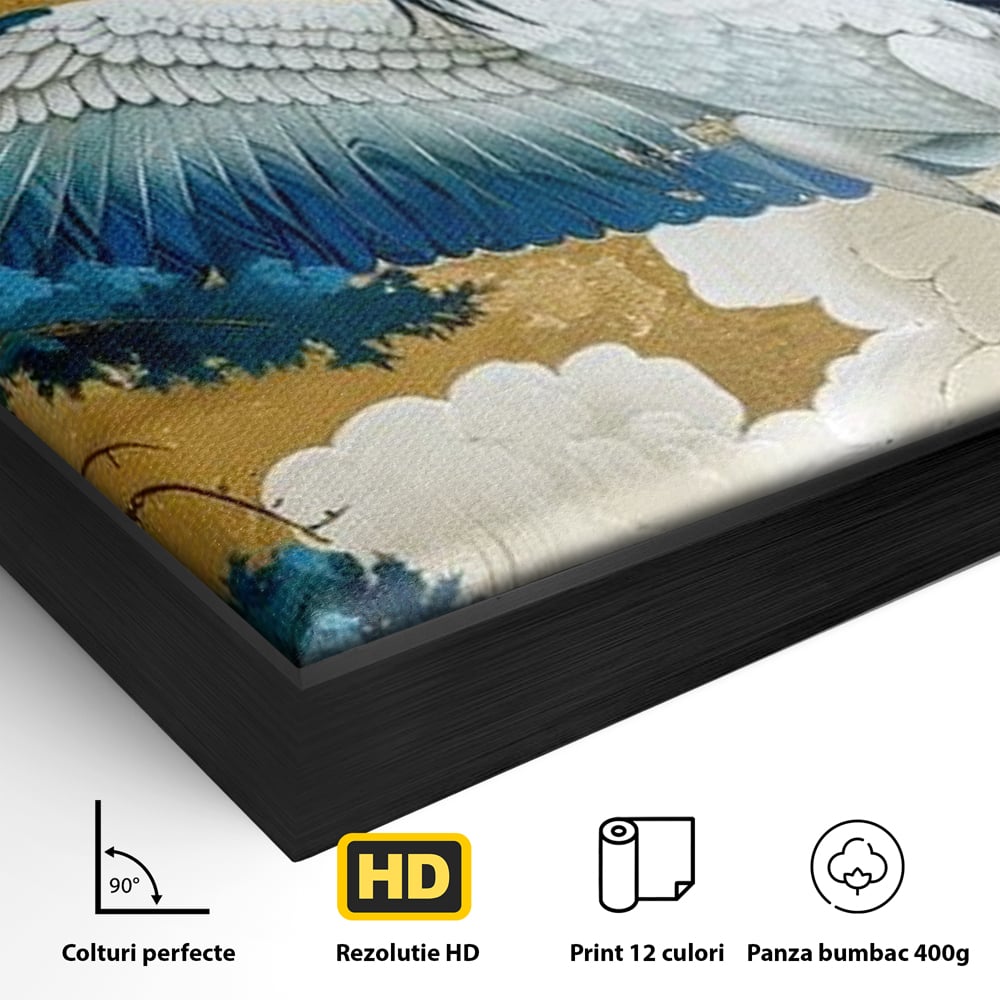 Detaliu al suprafetei: tablou canvas cu cocor japonez, in rama de aluminiu negru