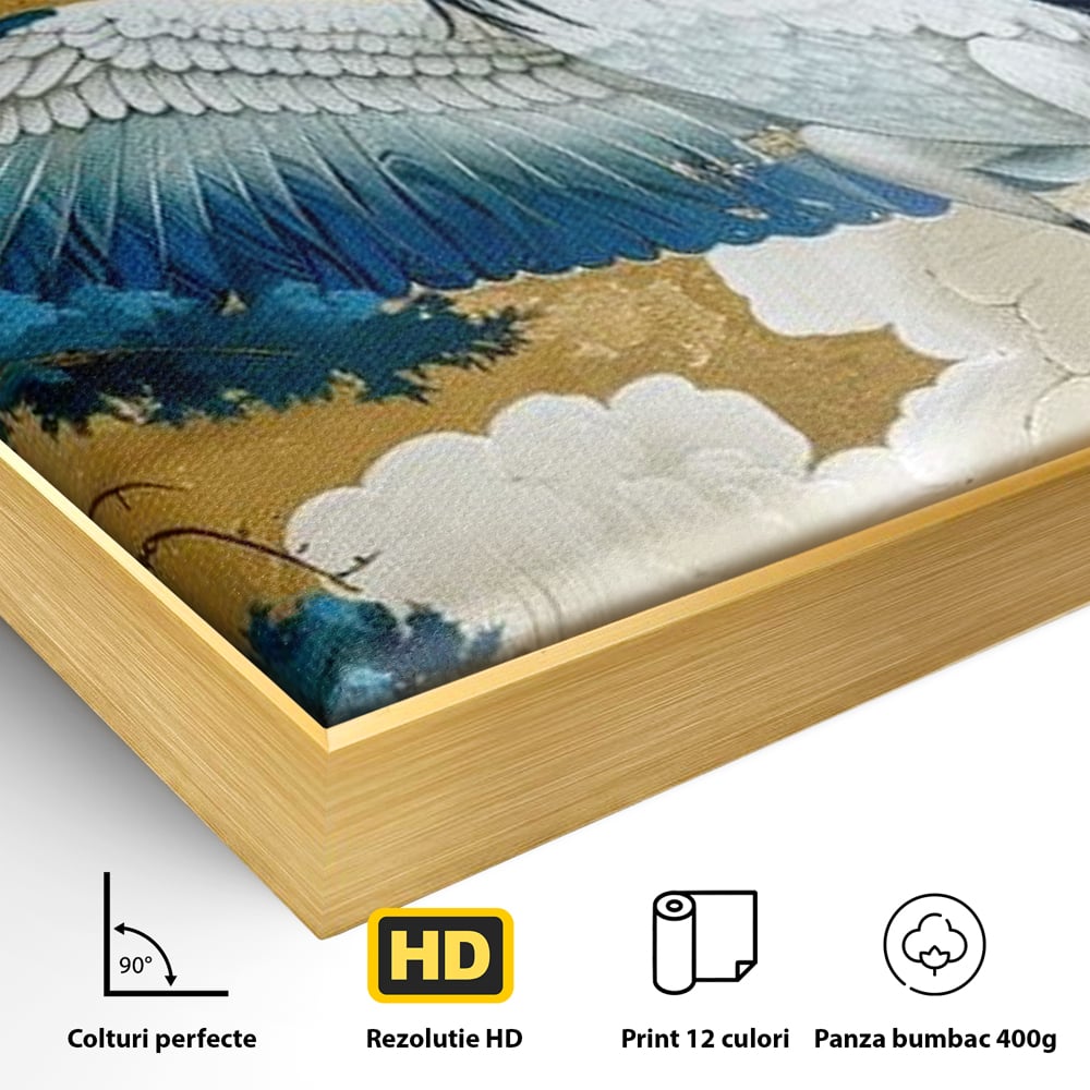 Detaliu al suprafetei: tablou canvas cu cocor japonez, in rama de aluminiu auriu