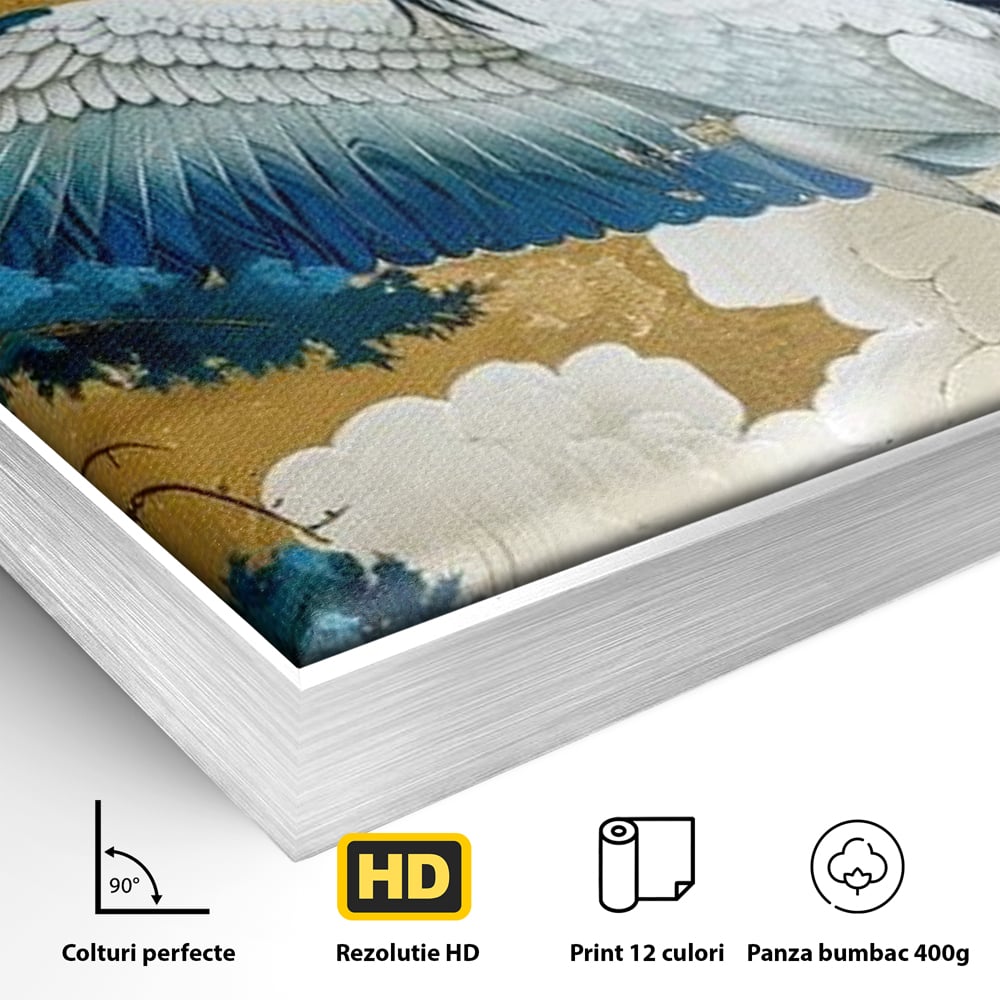 Detaliu al suprafetei: tablou canvas cu cocor japonez, in rama de aluminiu argintiu