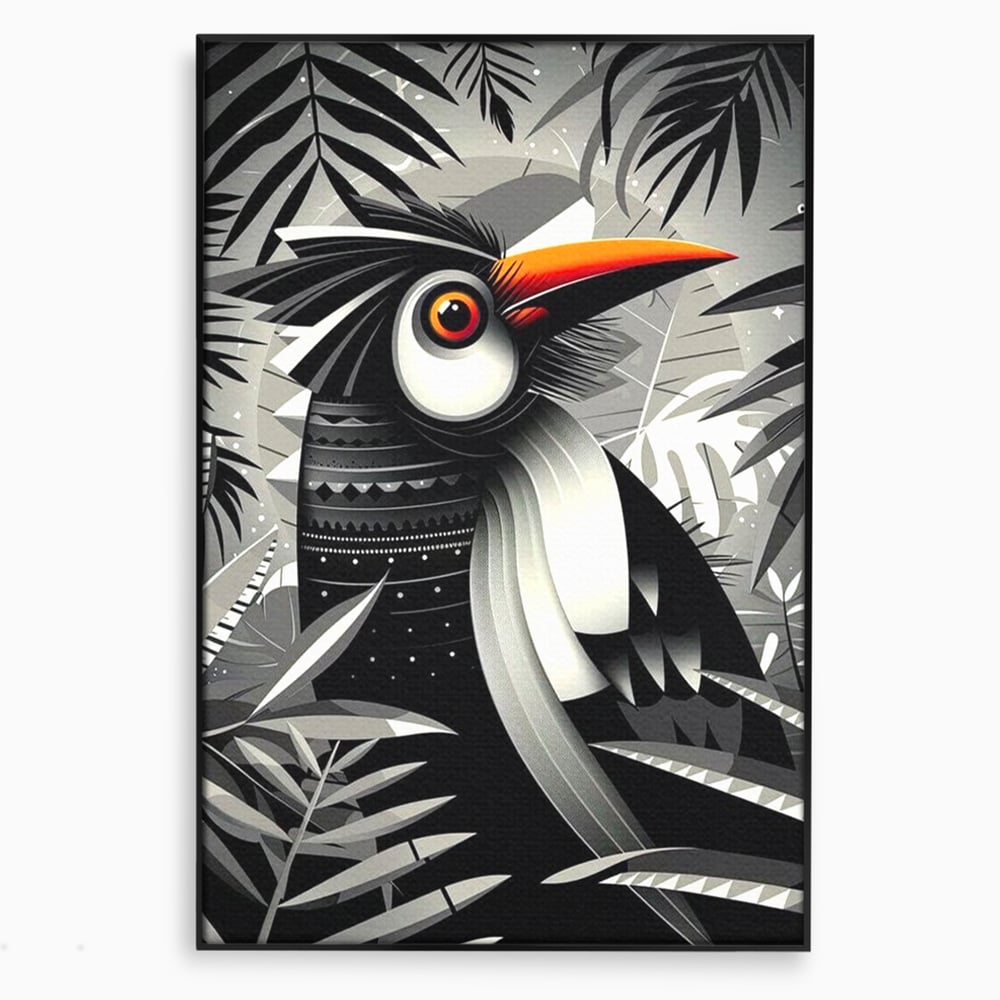 Tablou canvas cu tablou canvas cu pasare exotica in jungla, in rama de aluminiu negru