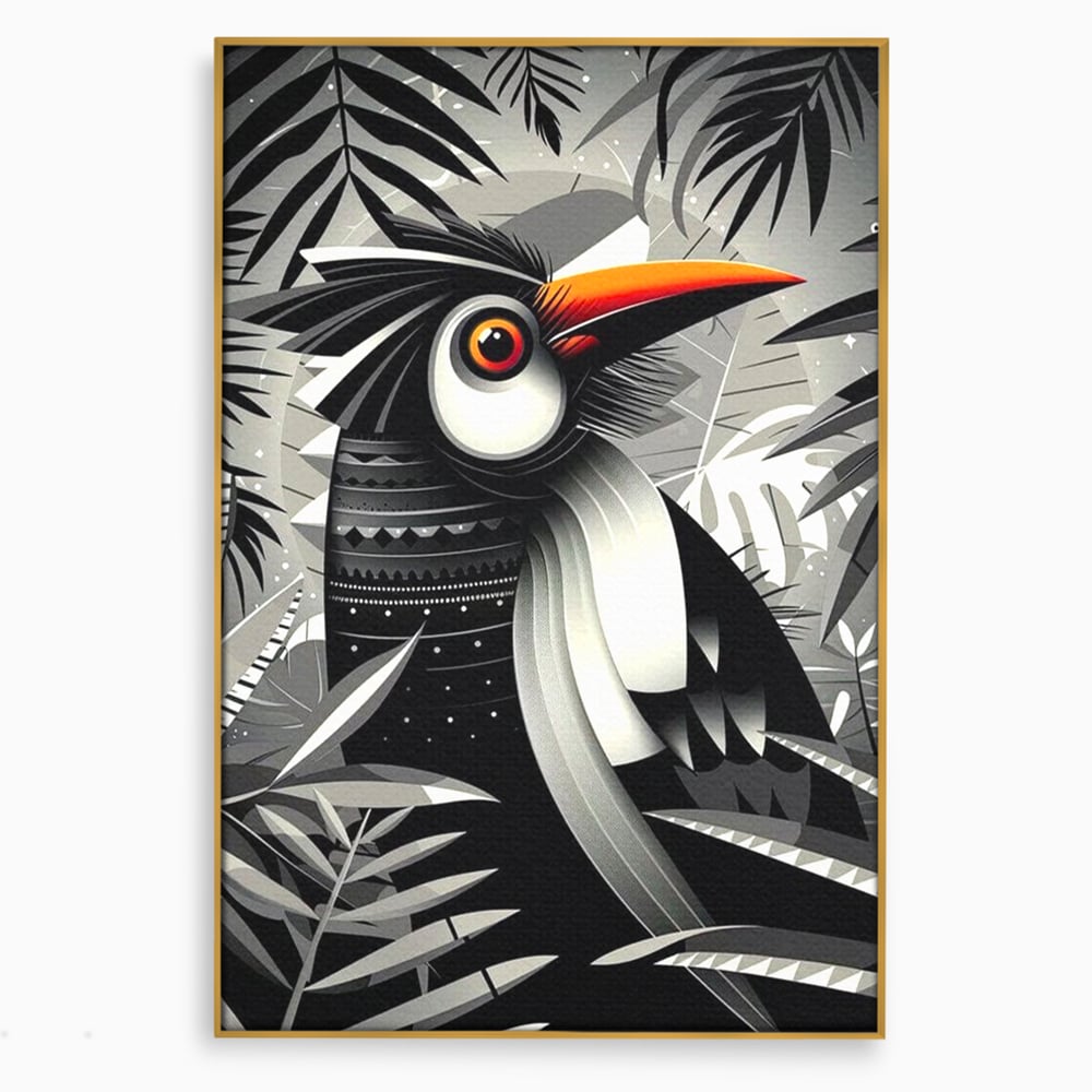 Tablou canvas cu tablou canvas cu pasare exotica in jungla, in rama de aluminiu auriu