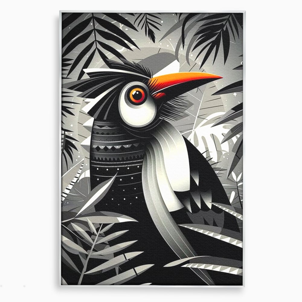 Tablou canvas cu tablou canvas cu pasare exotica in jungla, in rama de aluminiu argintiu