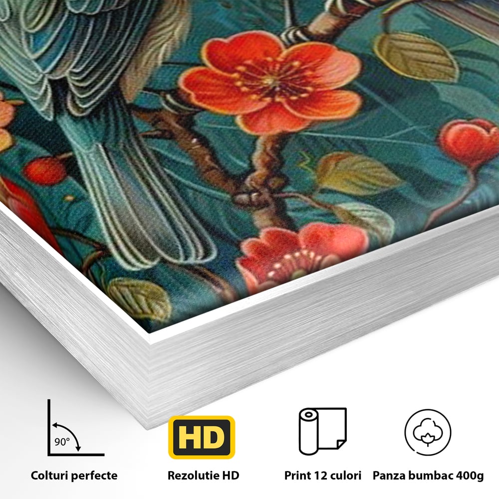 Detaliu al suprafetei: tablou canvas cu pasari pe creanga, in rama de aluminiu argintiu