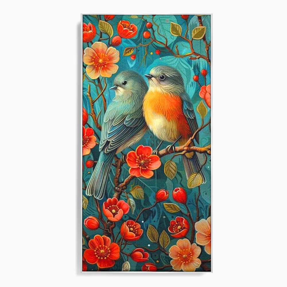 Tablou canvas cu tablou canvas cu pasari pe creanga, in rama de aluminiu argintiu