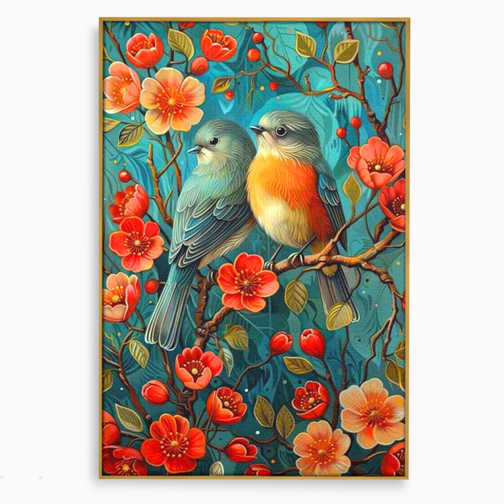 Tablou canvas cu tablou canvas cu pasari pe creanga, in rama de aluminiu auriu