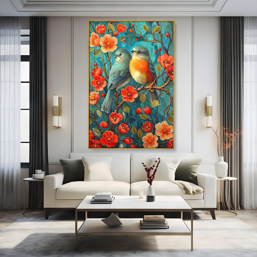 Tablou canvas cu tablou canvas cu pasari pe creanga, in rama de aluminiu auriu, pe perete intr-un living