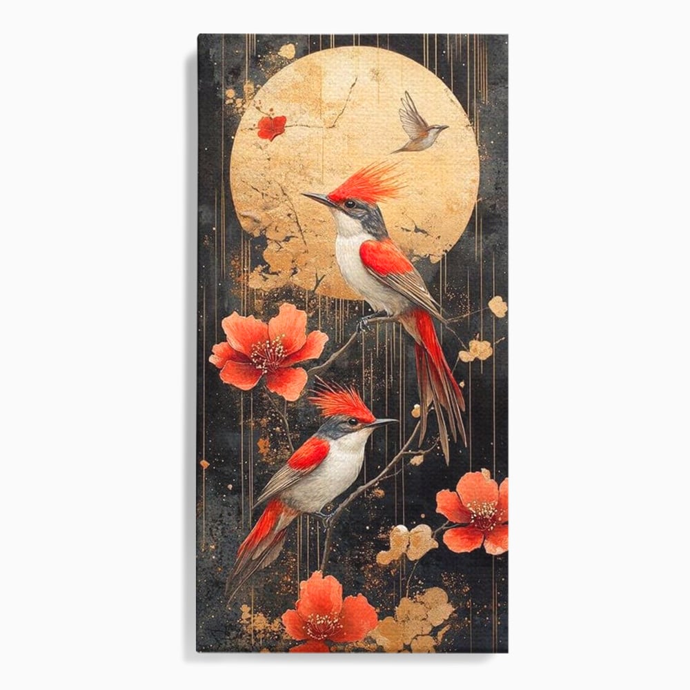 Tablou canvas cu tablou canvas cu pasari si flori rosii, fara rama, pe sasiu de lemn