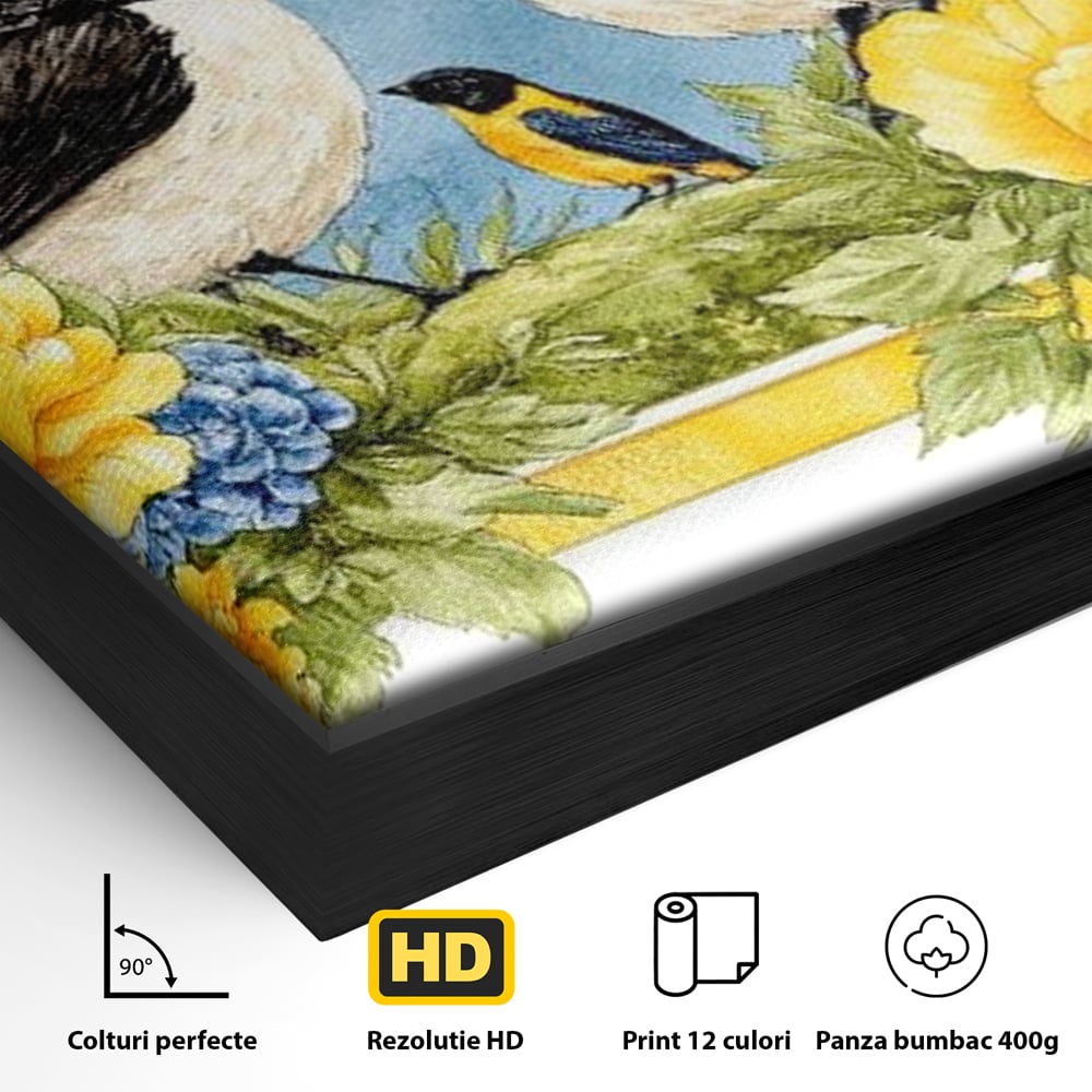 Detaliu al suprafetei: tablou canvas cu pasari si flori, in rama de aluminiu negru