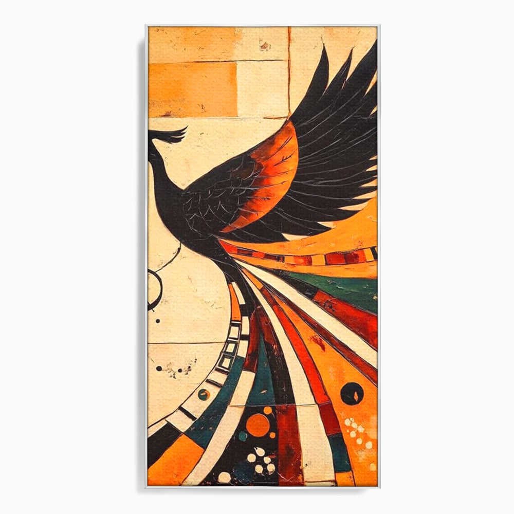 Tablou canvas cu tablou canvas cu pasar phoenix stilizata, in rama de aluminiu argintiu