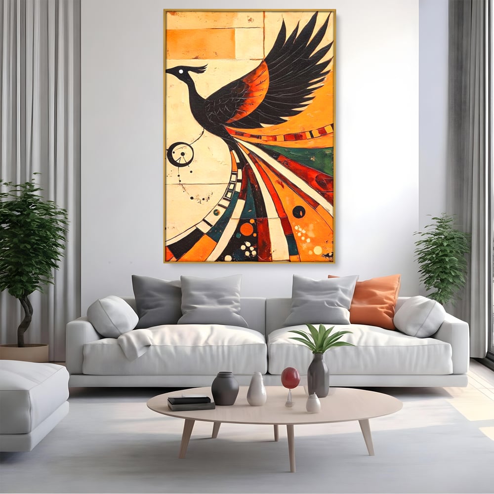 Tablou canvas cu tablou canvas cu pasar phoenix stilizata, in rama de aluminiu auriu, pe perete intr-un living