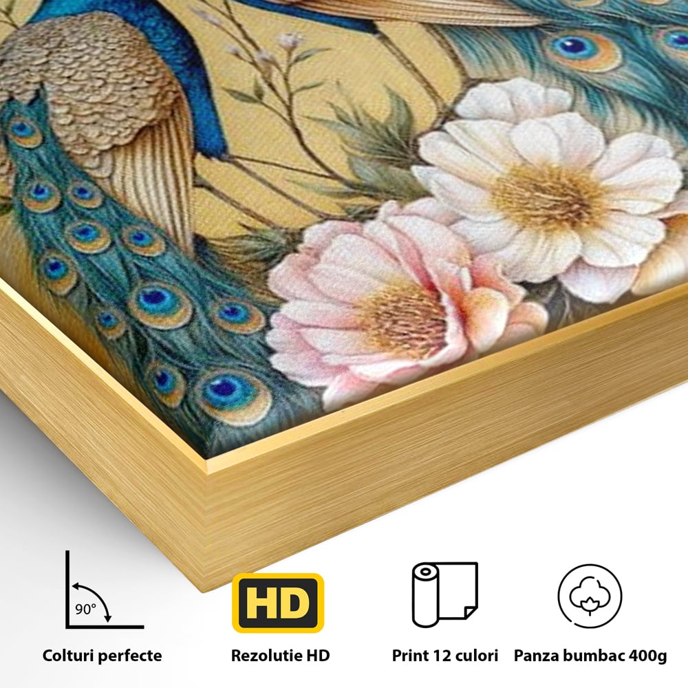 Detaliu al suprafetei: tablou canvas cu doi pauni si flori, in rama de aluminiu auriu