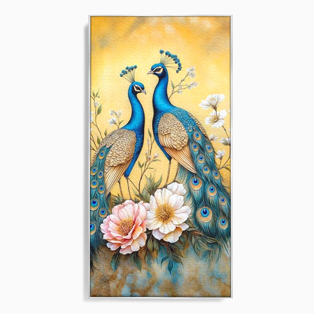 Tablou canvas cu tablou canvas cu doi pauni si flori, in rama de aluminiu argintiu