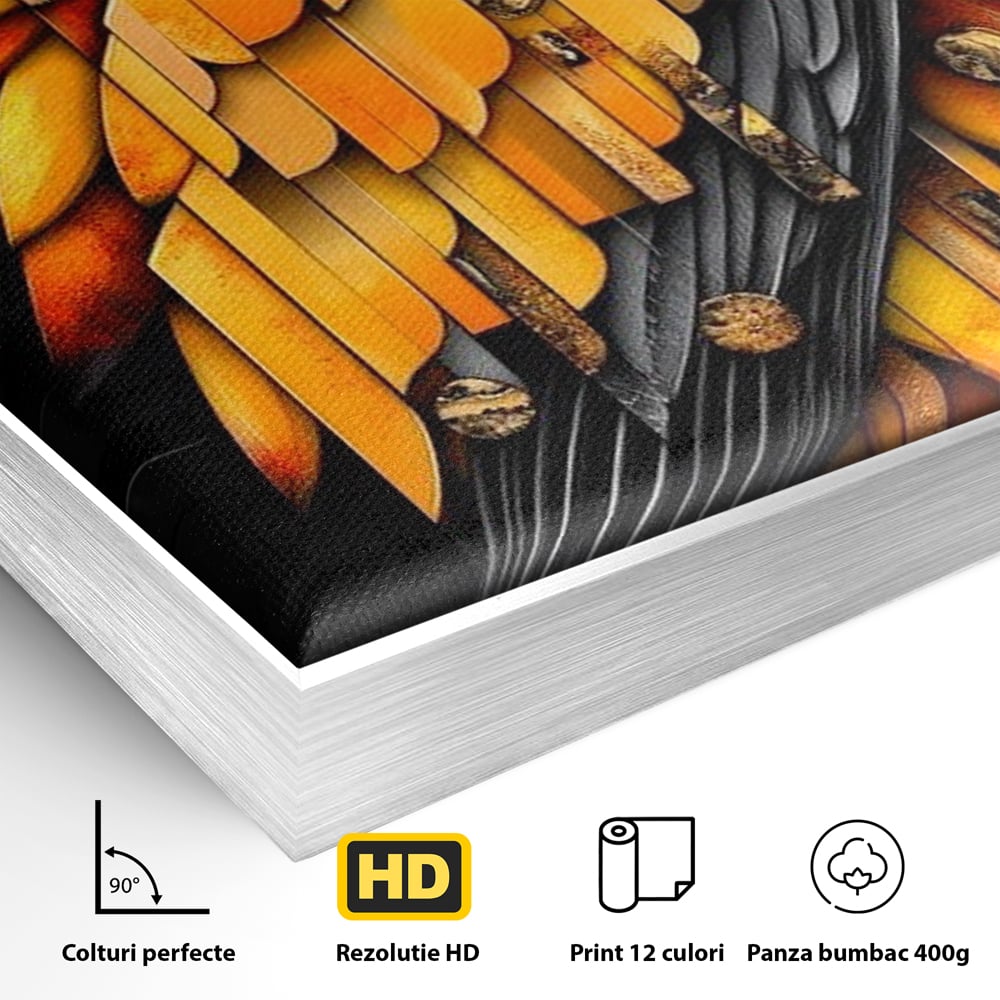 Detaliu al suprafetei: tablou canvas cu pasare geometrica aurie, in rama de aluminiu argintiu