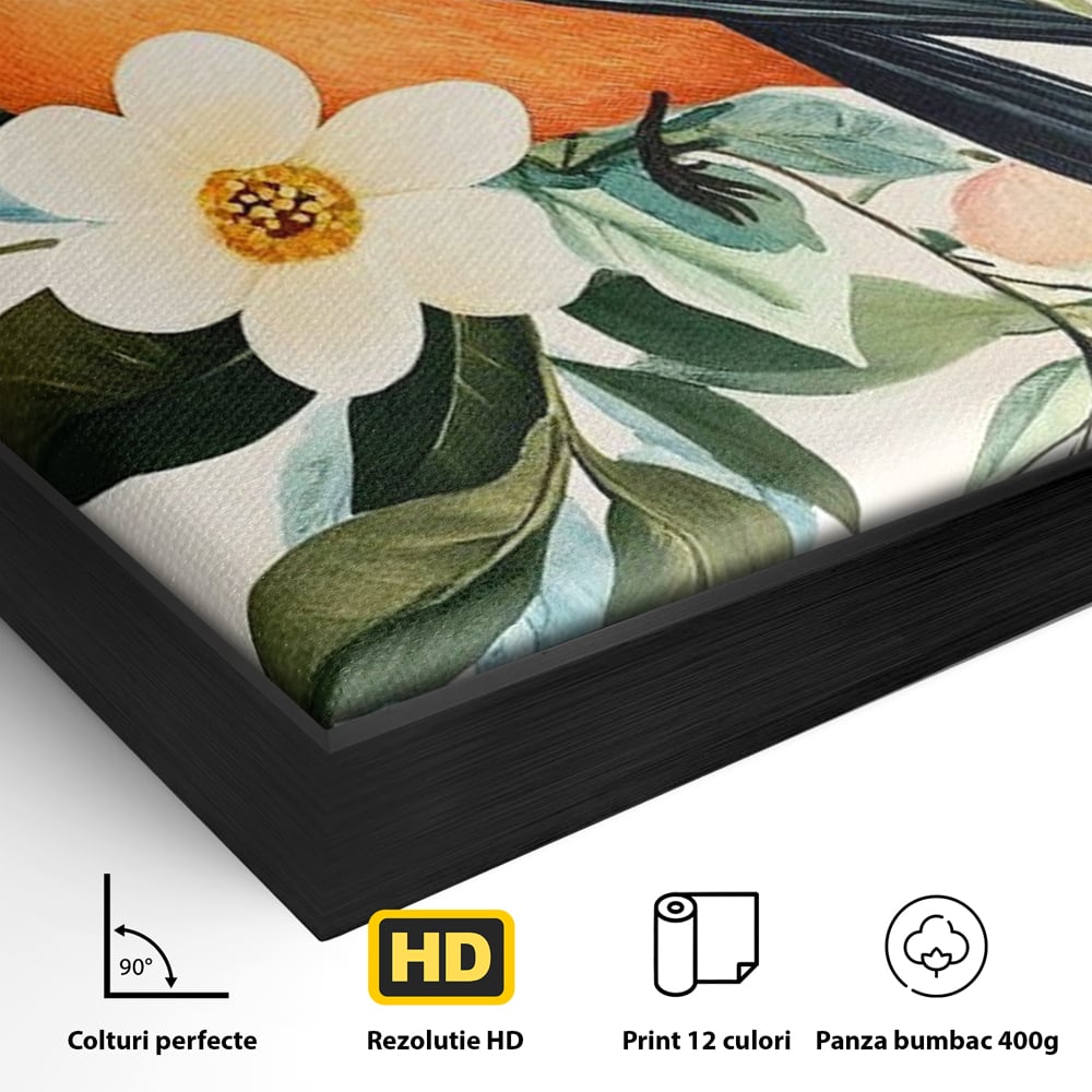 Detaliu al suprafetei: tablou canvas cu pasare portocalie si flori, in rama de aluminiu negru