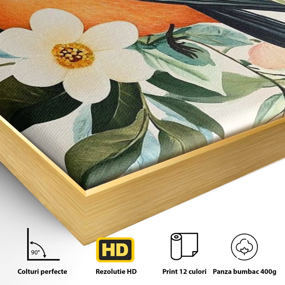 Detaliu al suprafetei: tablou canvas cu pasare portocalie si flori, in rama de aluminiu auriu