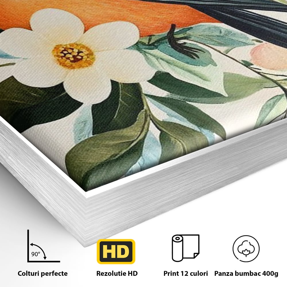 Detaliu al suprafetei: tablou canvas cu pasare portocalie si flori, in rama de aluminiu argintiu