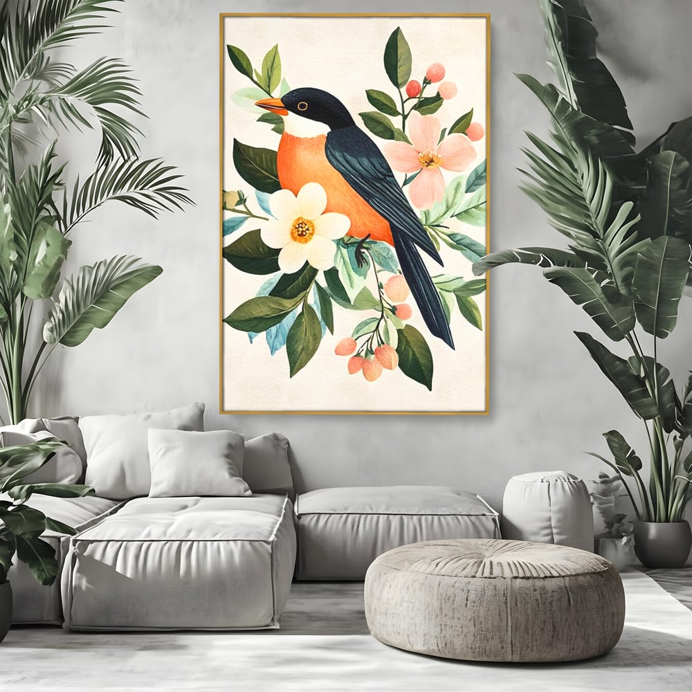 Tablou canvas cu tablou canvas cu pasare portocalie si flori, in rama de aluminiu auriu, pe perete intr-un living