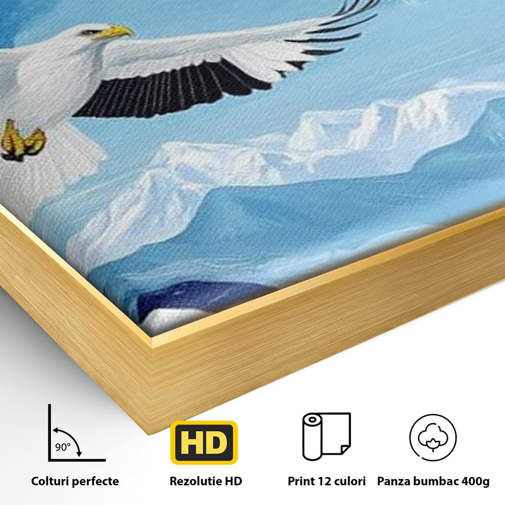 Detaliu al suprafetei: tablou canvas cu vultur in zbor peste munti, in rama de aluminiu auriu