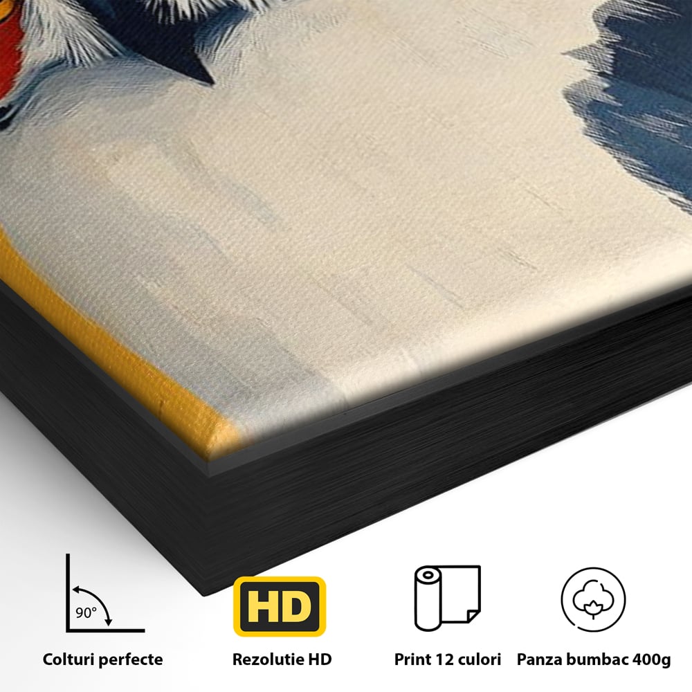 Detaliu al suprafetei: tablou canvas cu bufnita stilizata, in rama de aluminiu negru