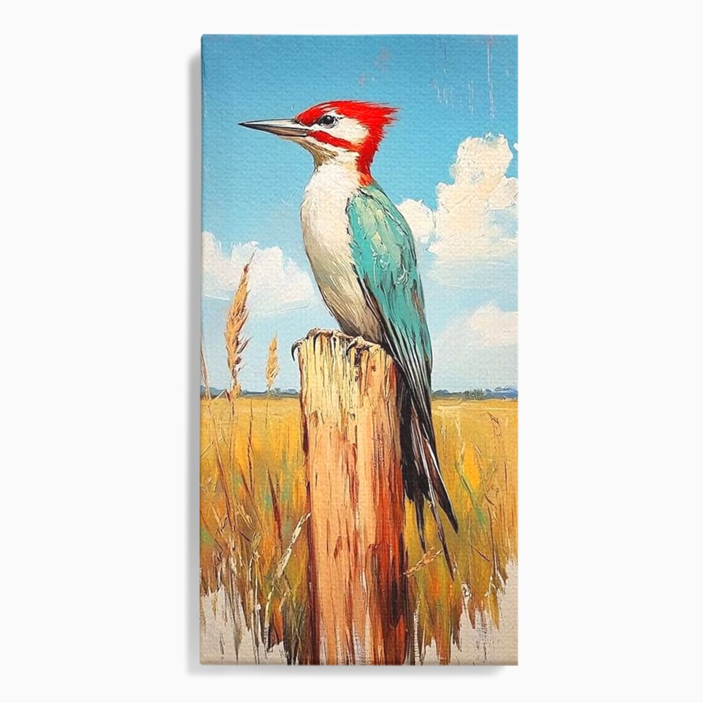 Tablou canvas cu tablou cu ciocanitoare pe un stalp, fara rama, pe sasiu de lemn