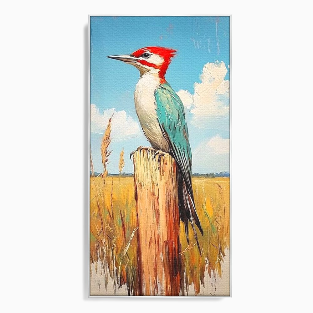 Tablou canvas cu tablou cu ciocanitoare pe un stalp, in rama de aluminiu argintiu