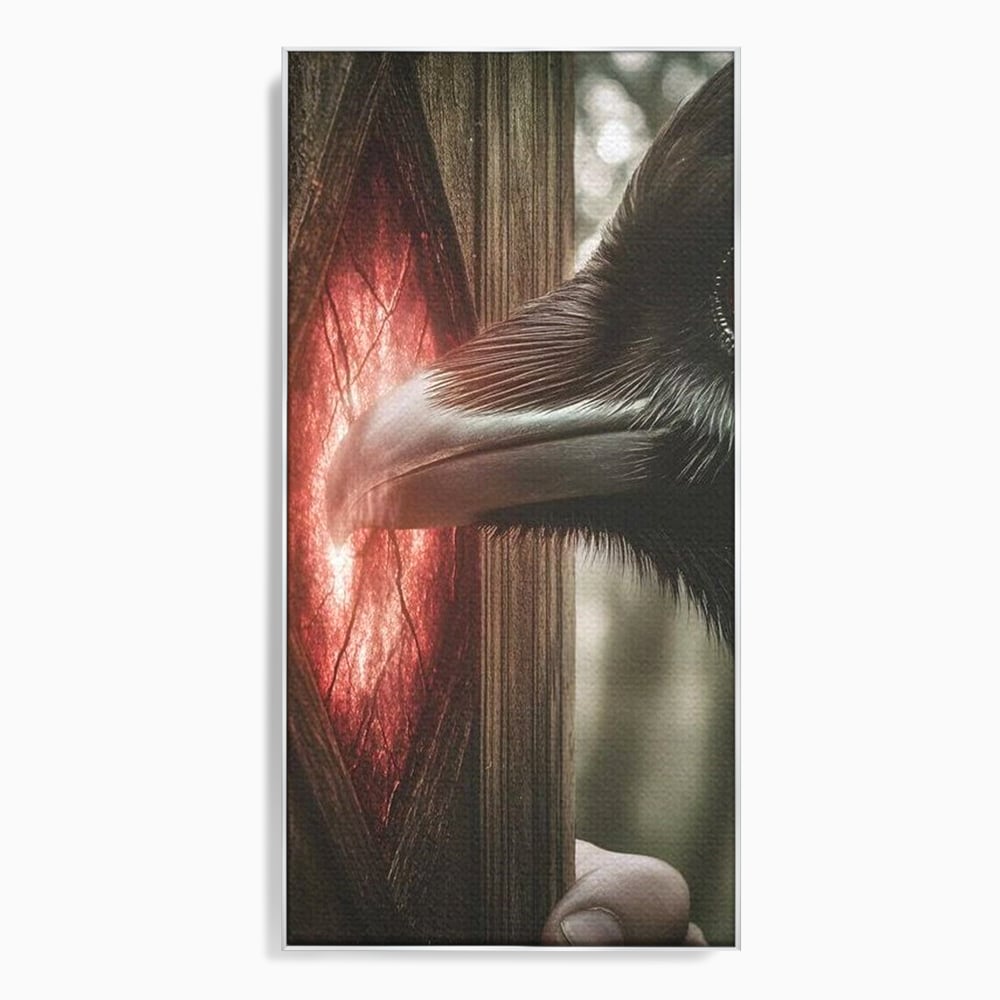 Tablou canvas cu tablou canvas cu un corb si portal rosu, in rama de aluminiu argintiu