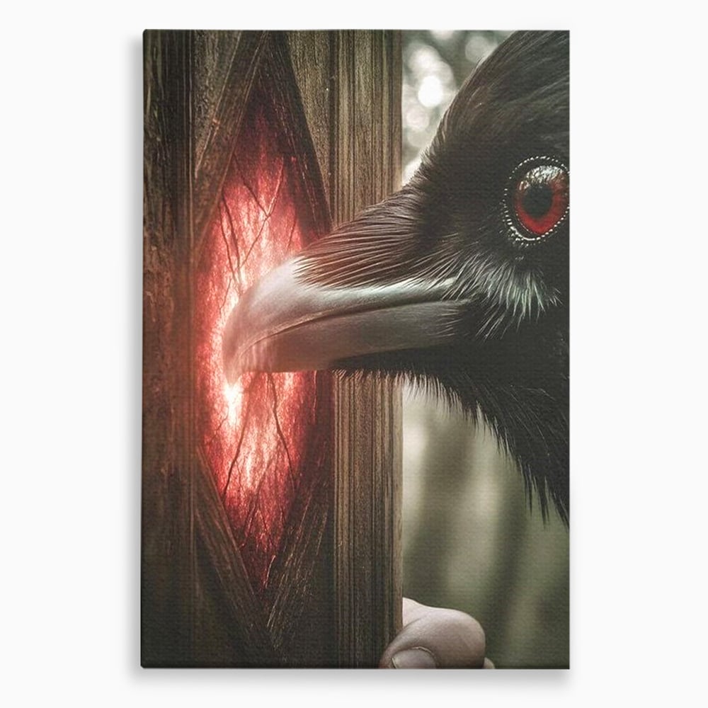 Tablou canvas cu tablou canvas cu un corb si portal rosu, fara rama, pe sasiu de lemn
