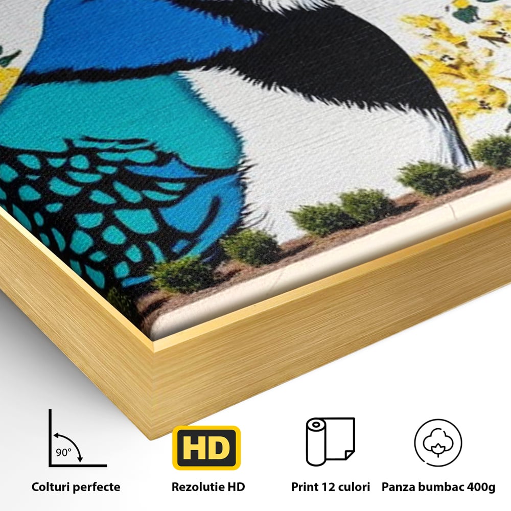 Detaliu al suprafetei: tablou canvas cu o pasare murala si flori galbene, in rama de aluminiu auriu