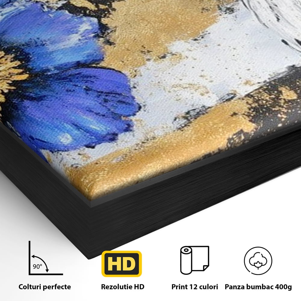 Detaliu al suprafetei: pictura canvas cu soim si floare, in rama de aluminiu negru