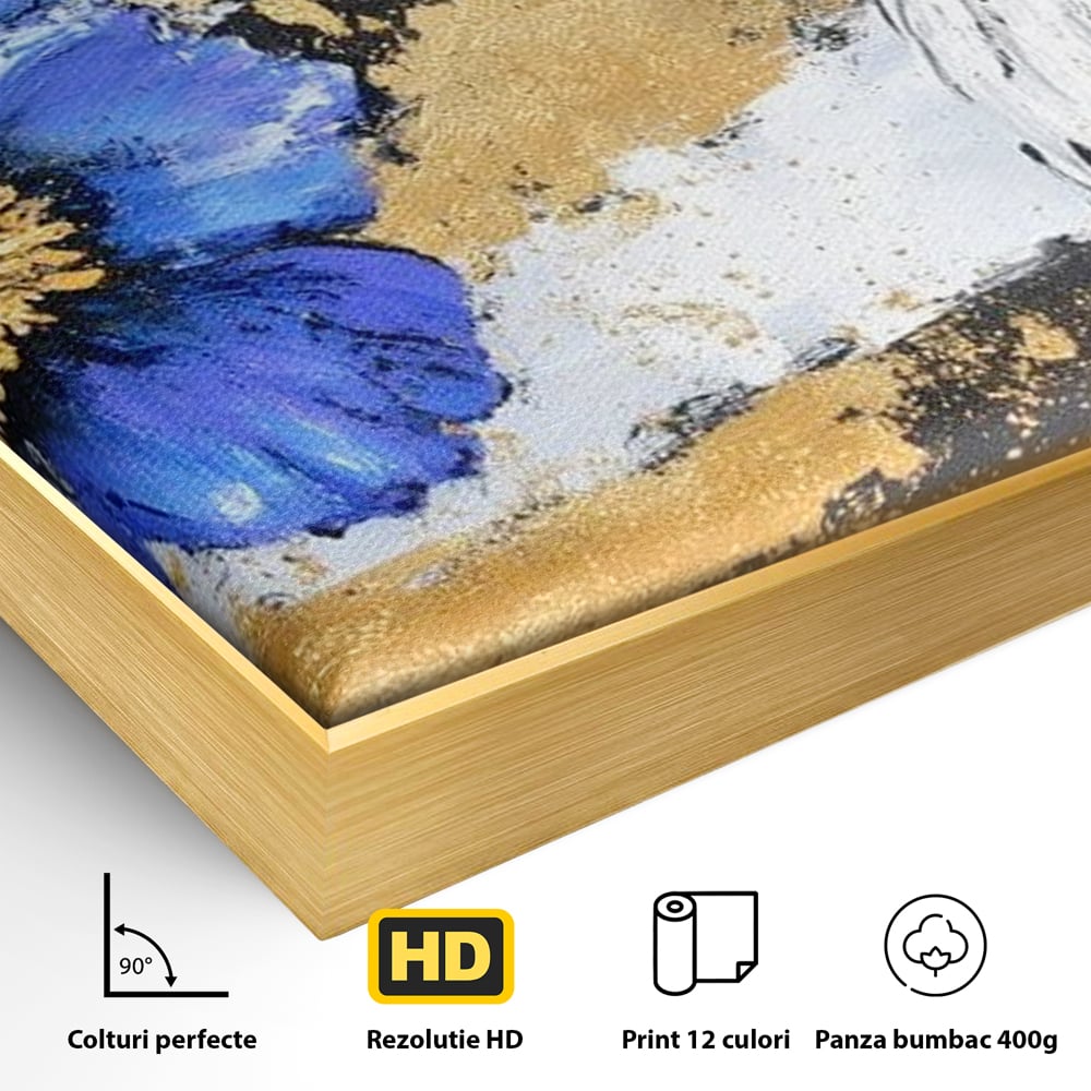 Detaliu al suprafetei: pictura canvas cu soim si floare, in rama de aluminiu auriu